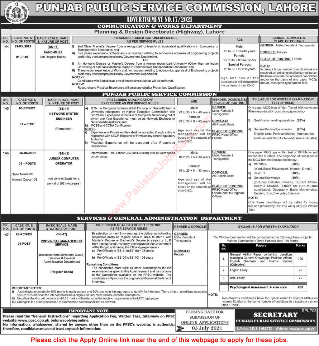 PPSC Jobs June 2021 Consolidated Advertisement No 17/2021 Latest