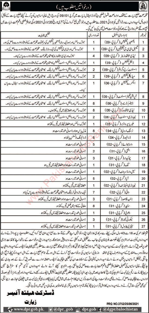 Health Department Ziarat Jobs 2021 June / July Dispensers, Lady Health Workers & Others Latest