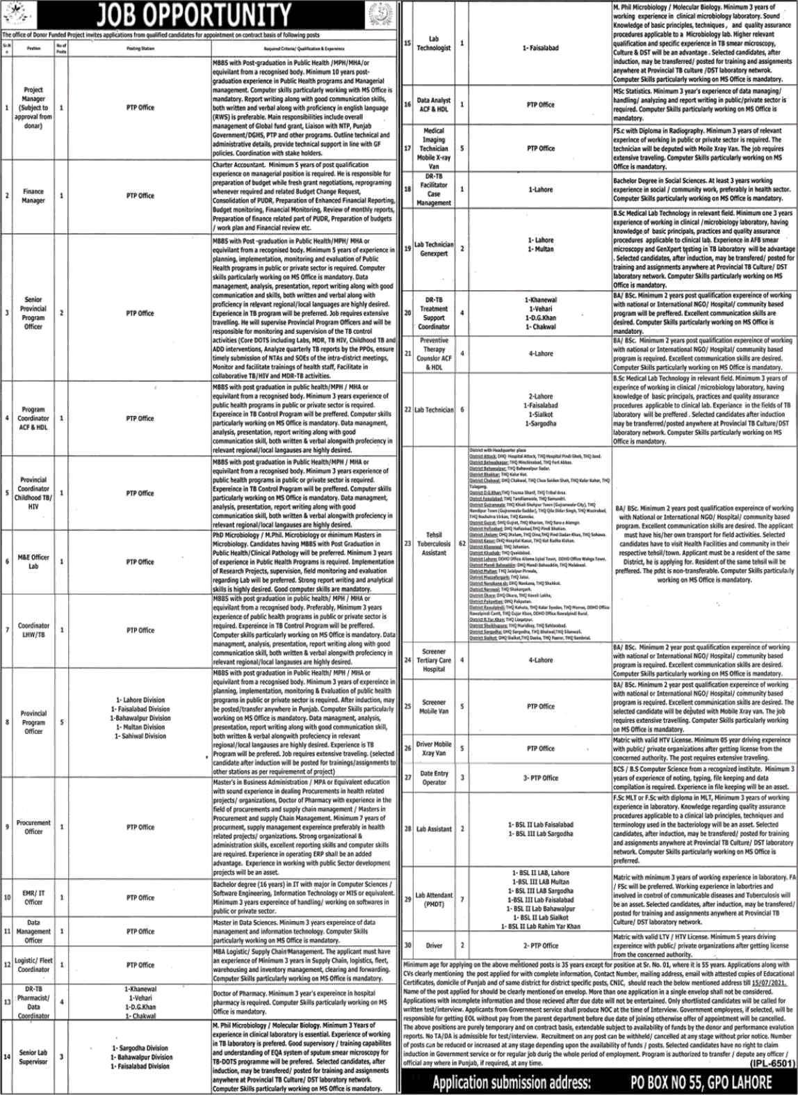 PO Box 55 GPO Lahore Jobs 2021 July Tehsil Tuberculosis Assistants & Others Donor Funded Project TB Together Latest