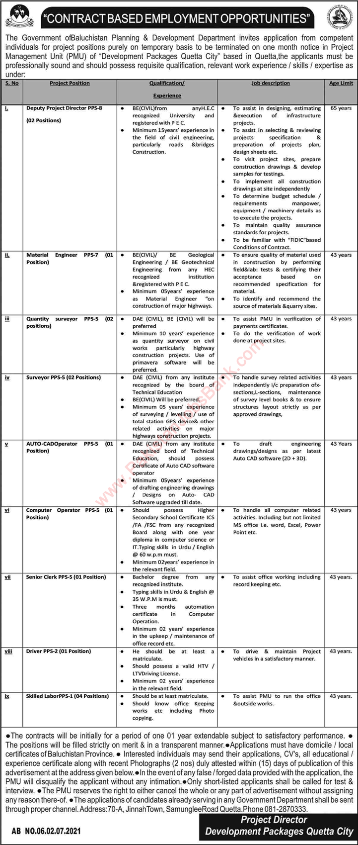 Planning and Development Department Balochistan Jobs 2021 July Labors & Others Latest