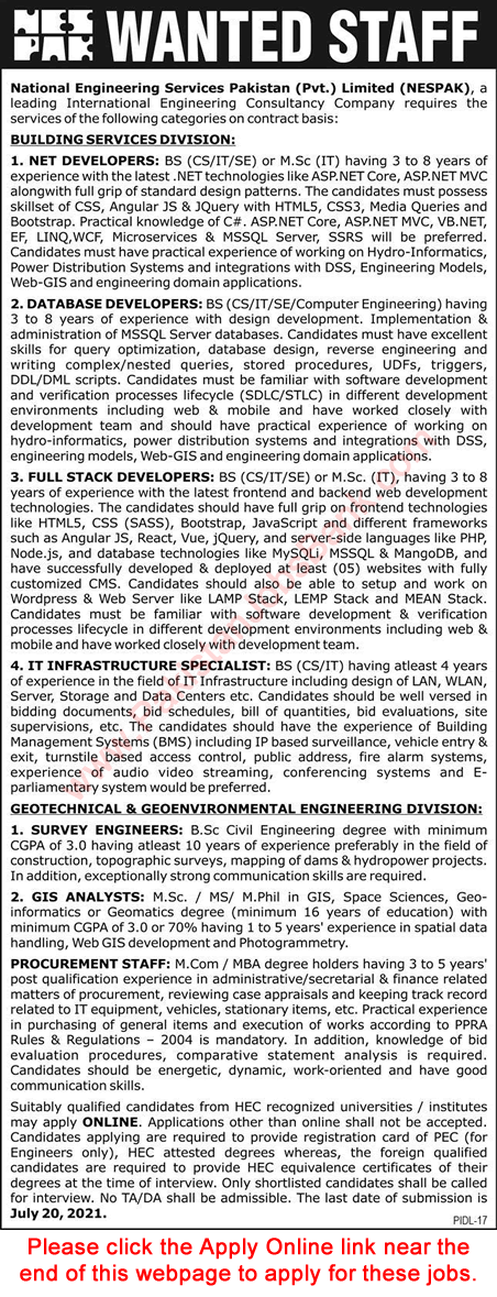 NESPAK Jobs July 2021 Apply Online National Engineering Services Pakistan Latest