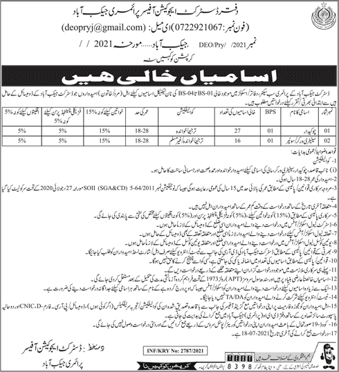 Education Department Jacobabad Jobs July 2021 Chowkidar & Sanitary Workers Latest