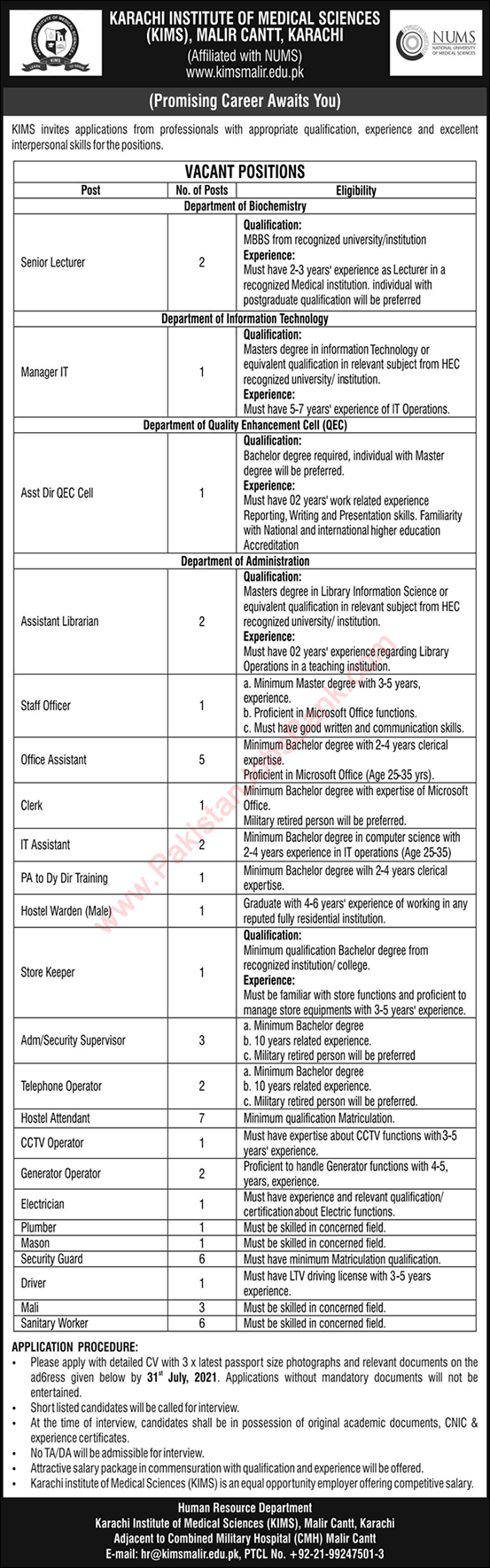 Karachi Institute of Medical Sciences Jobs 2021 July KIMS Assistants, Security Guards & Others Latest