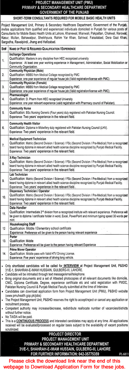 Primary and Secondary Healthcare Department Punjab Jobs July 2021 Medical Technicians & Others Latest