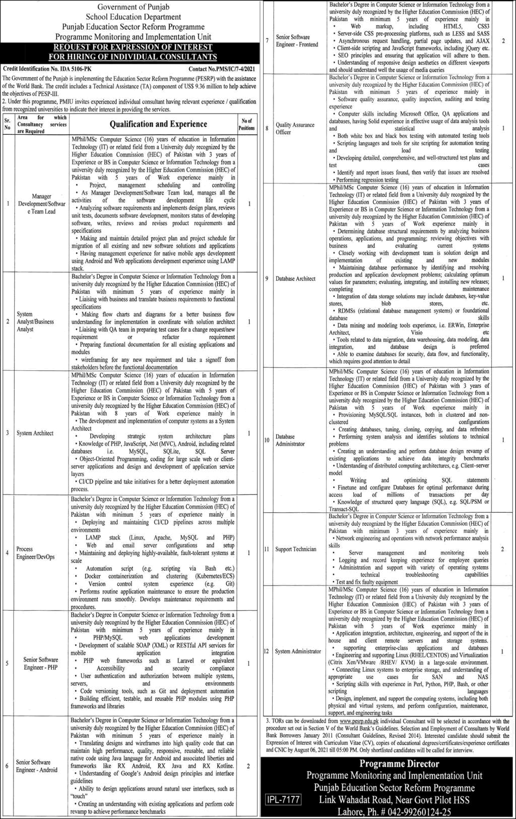 Punjab School Education Department Jobs July 2021 Software Engineers & Others Latest