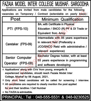 Fazaia Model Inter College Mushaf Sargodha Jobs 2021 July Computer Operators & Others Latest