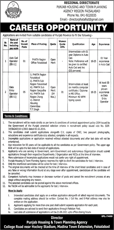 Punjab Housing and Town Planning Agency Jobs July 2021 August Data Entry Operators & Auto CAD Operator Latest