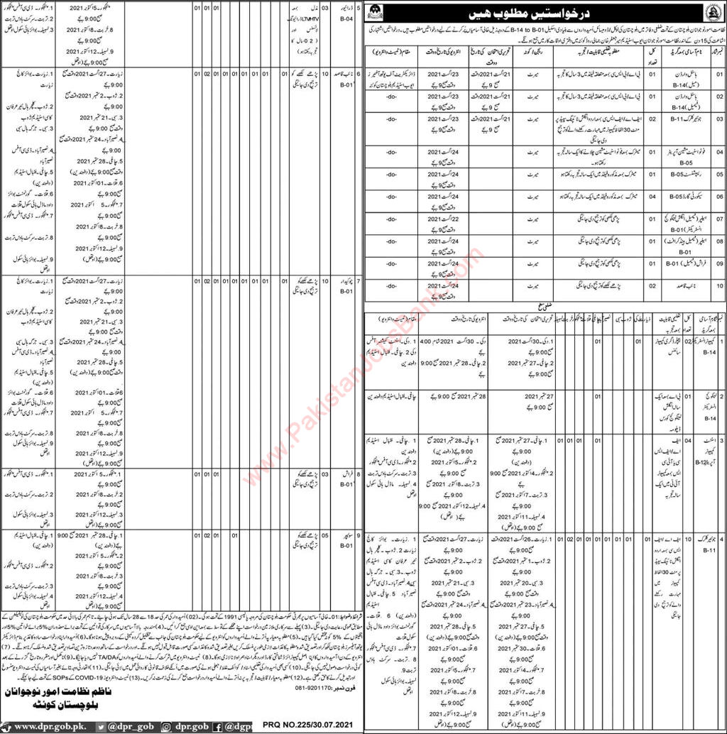 Directorate of Youth Affairs Balochistan Jobs 2021 July / August Clerks, Naib Qasid & Others Latest