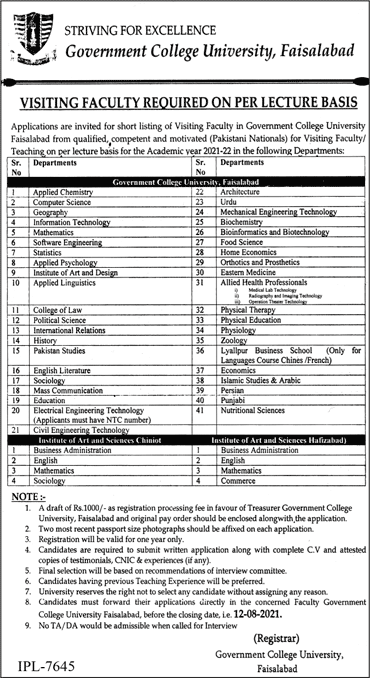 Visiting / Teaching Faculty Jobs in GC University Faisalabad August 2021 GCUF Latest