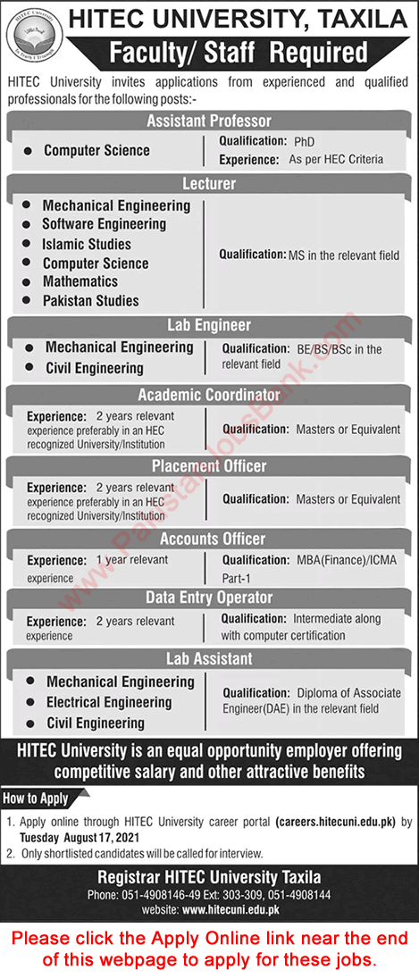 HITEC University Taxila Jobs 2021 August Apply Online Teaching Faculty & Others Latest