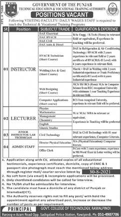 Government College of Technology Rawalpindi Jobs 2021 August TEVTA Instructors, Lecturers & Others Latest
