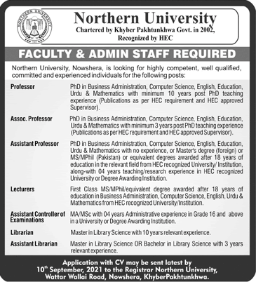 Northern University Nowshera Jobs 2021 August Teaching Faculty & Others Latest