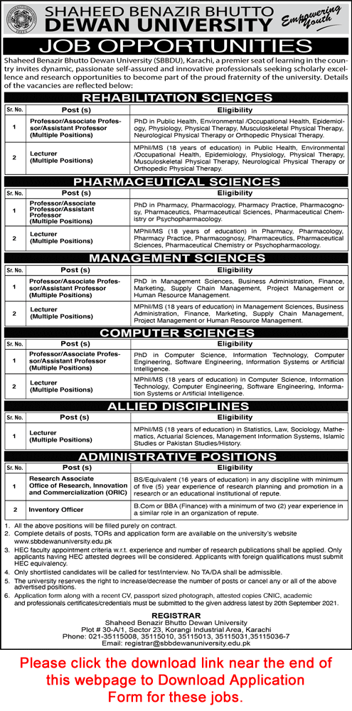 Shaheed Benazir Bhutto Dewan University Karachi Jobs 2021 August Application Form Teaching Faculty & Others Latest