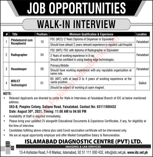 Islamabad Diagnostic Center Jobs August 2021 IDC Receptionists & Others Walk in Interview Latest