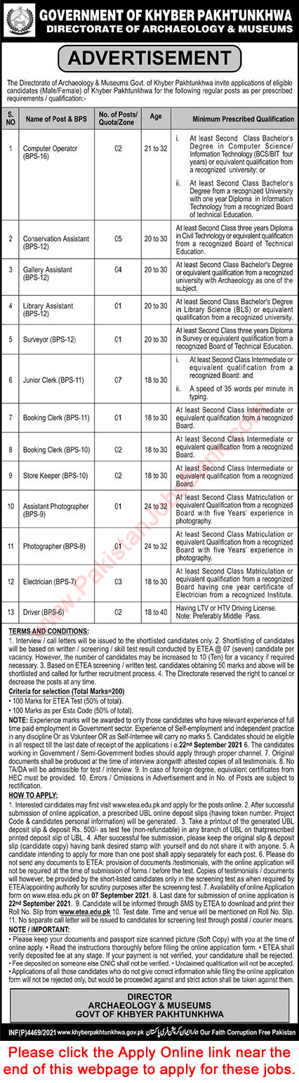 Directorate of Archaeology and Museums KPK Jobs 2021 September ETEA Apply Online Latest