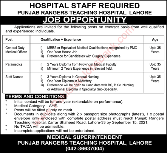 Punjab Rangers Teaching Hospital Lahore Jobs September 2021 Nurses & Others Latest