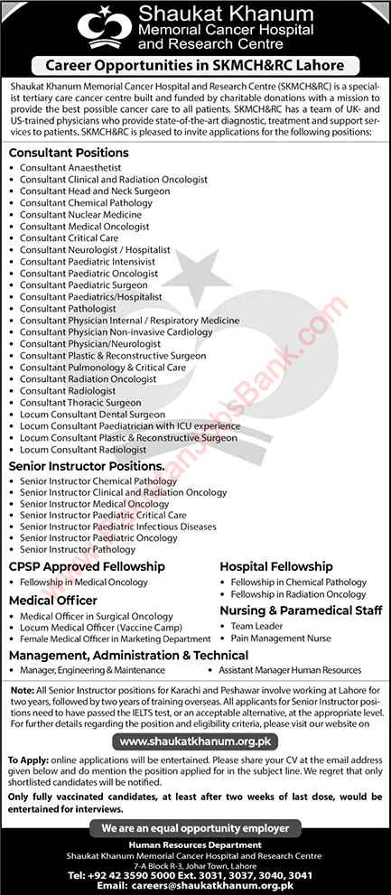 Shaukat Khanum Hospital Lahore Jobs September 2021 Medical Consultants, Officers & Others SKMCH Latest