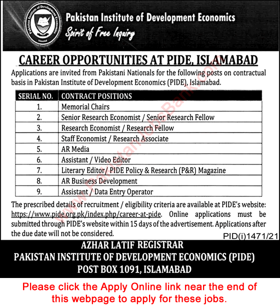 Pakistan Institute of Development Economics Islamabad Jobs September 2021 PIDE Apply Online Latest