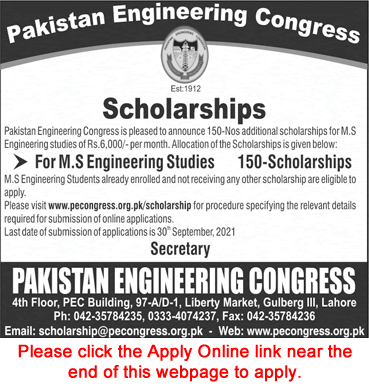 Pakistan Engineering Congress Scholarships 2021 September Apply Online for MS Engineering Students PEC Latest
