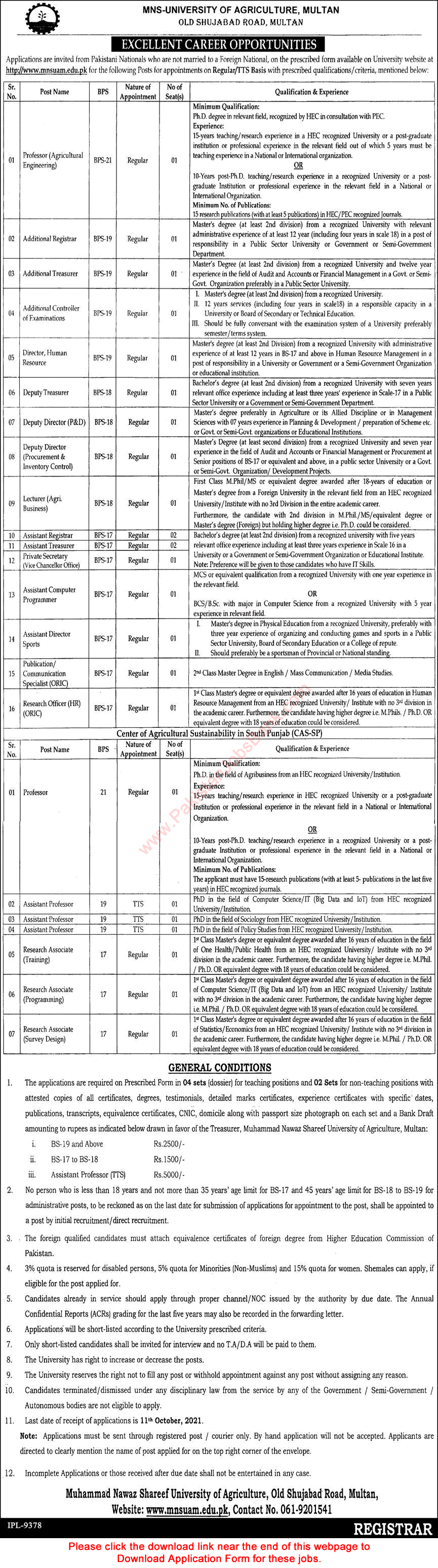 MNS University of Agriculture Multan Jobs September 2021 Application Form Teaching Faculty & Others Latest