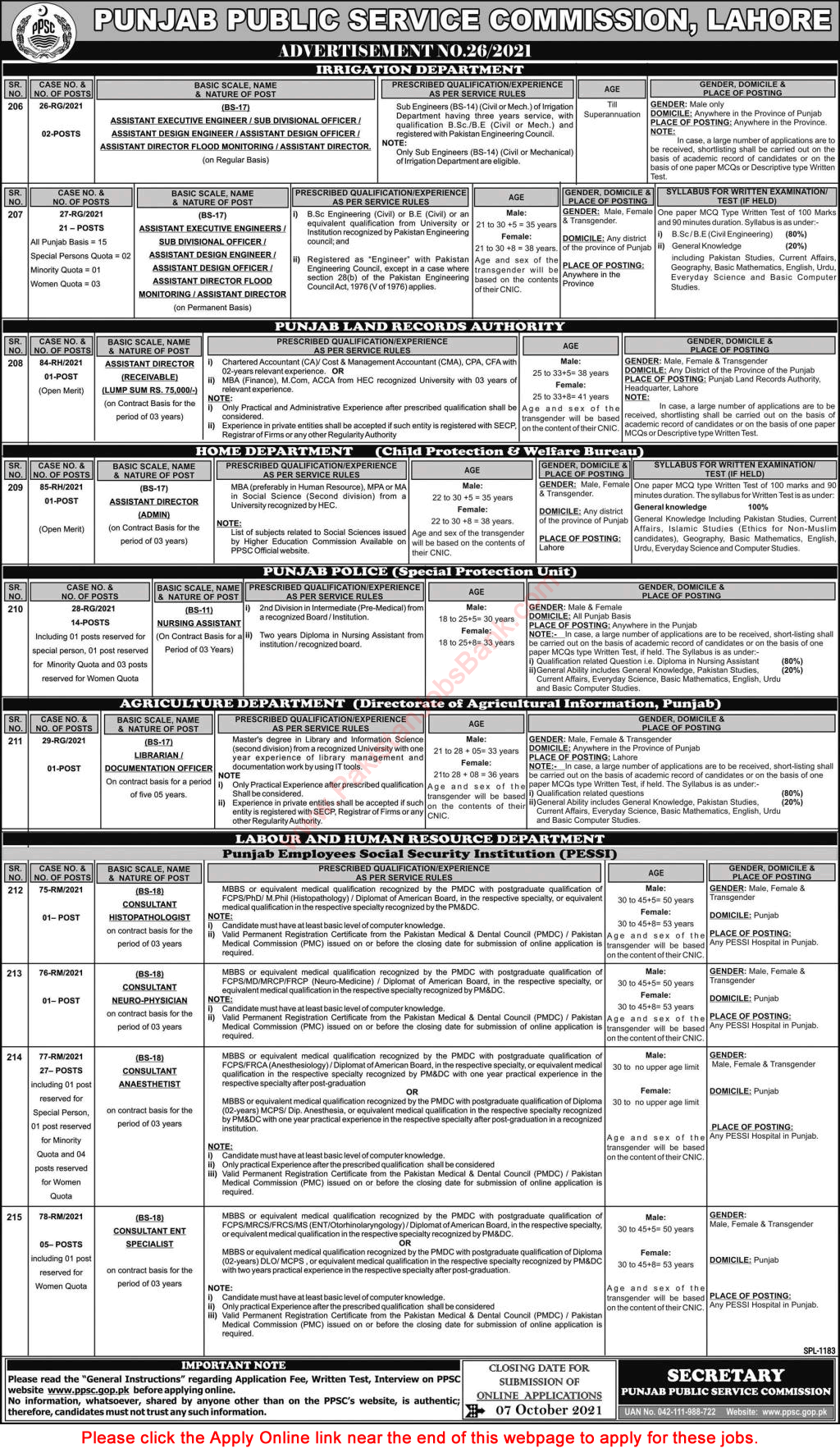 PPSC Jobs September 2021 Apply Online Consolidated Advertisement No 26/2021 Latest