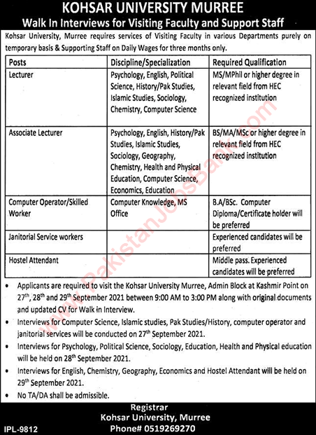 Kohsar University Murree Jobs September 2021 Walk In Interview Associate Lecturers & Others Latest