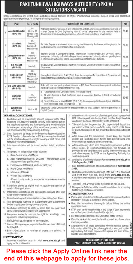 Pakhtunkhwa Highways Authority Jobs September 2021 PKHA ETEA Apply Online Sub Engineers & Others Latest