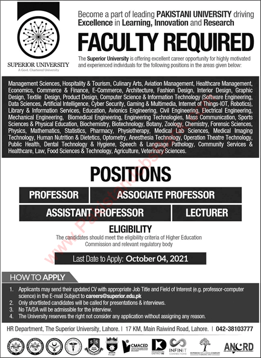 Teaching Faculty Jobs in Superior University Lahore 2021 September Latest