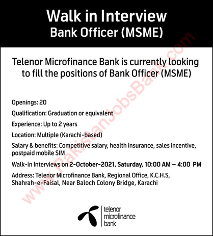 Bank Officer Jobs in Telenor Microfinance Bank Karachi October 2021 Walk In Interview Latest