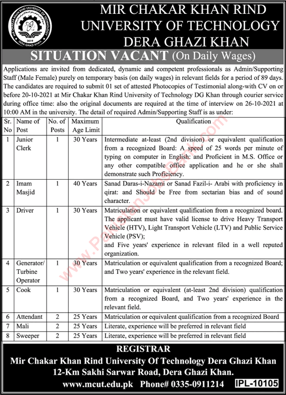 Mir Chakar Khan Rind University DG Khan Jobs 2021 October Attendants & Others Latest