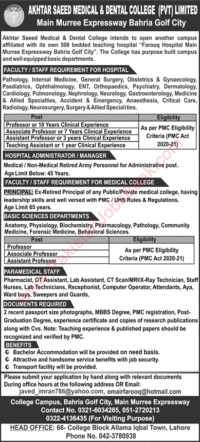 Akhtar Saeed Medical and Dental College Lahore Jobs October 2021 Teaching Faculty & Others Latest