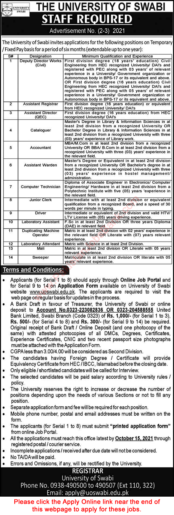 University of Swabi Jobs October 2021 Apply Online Lab Assistants & Others Latest