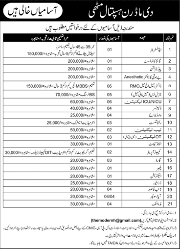 The Modern Hospital Mithi Jobs 2021 October Medical Officers, Technicians & Others Latest
