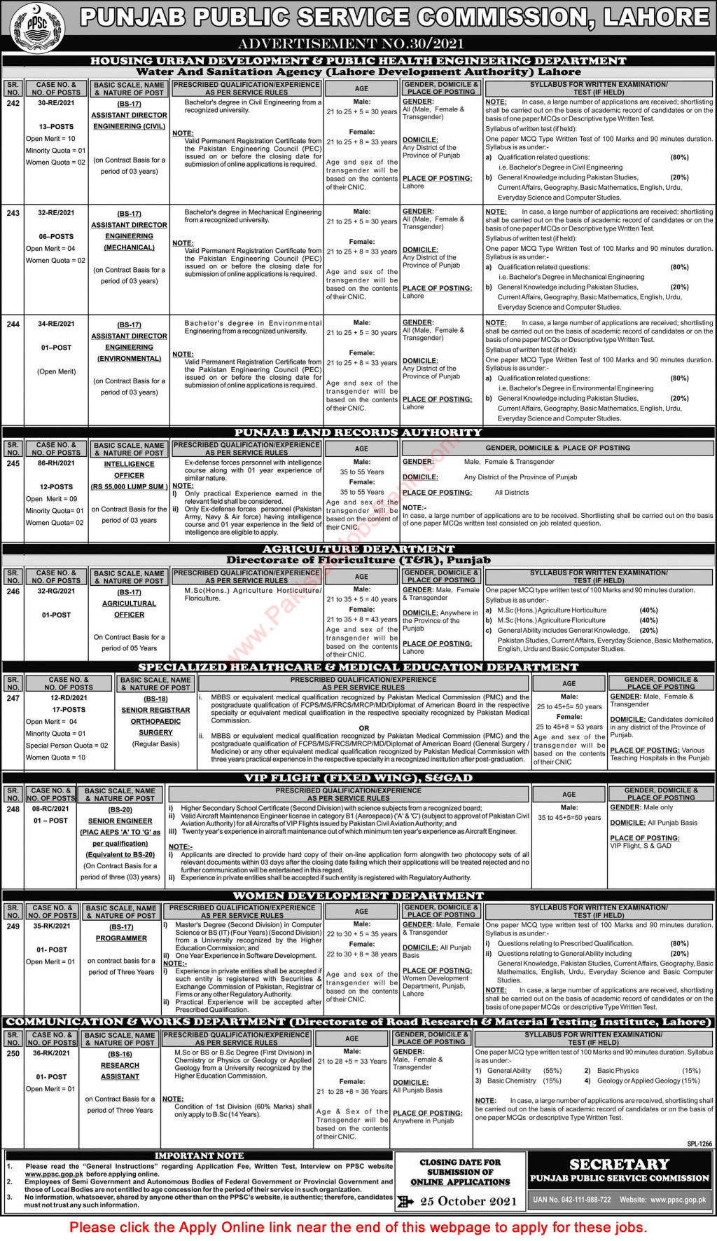 PPSC Jobs October 2021 Apply Online Consolidated Advertisement No 30/2021 Latest