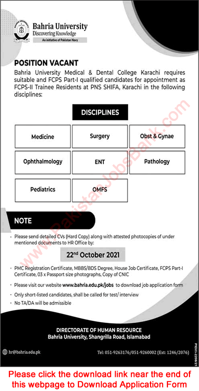 Trainee Registrar Jobs in Bahria University Medical and Dental College Karachi October 2021 Application Form PNS Shifa Latest