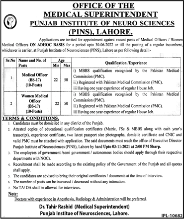 Women / Medical Officer Jobs in Punjab Institute of Neuro Sciences Lahore 2021 October PINS Latest