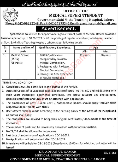 Medical Officer Jobs in Government Said Mitha Teaching Hospital Lahore 2021 October / November Latest