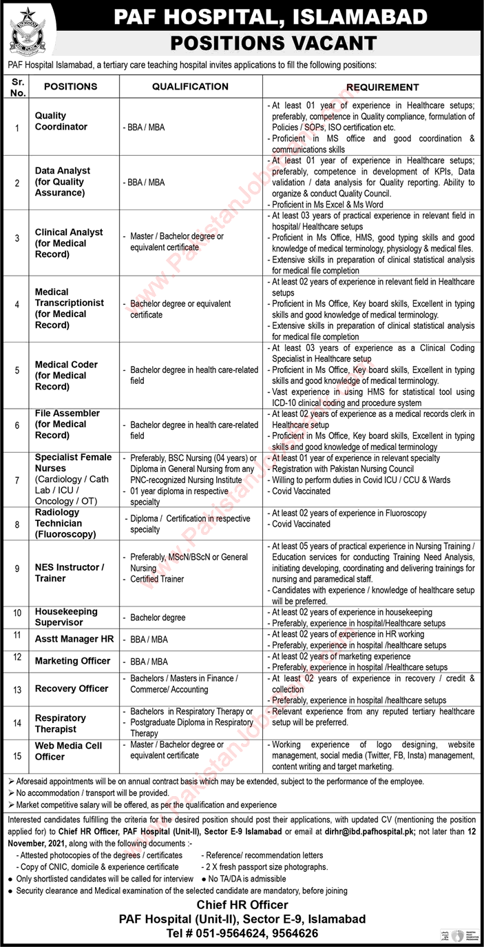 PAF Hospital Islamabad Jobs November 2021 Nurses, Marketing / Recovery Officers & Others Latest