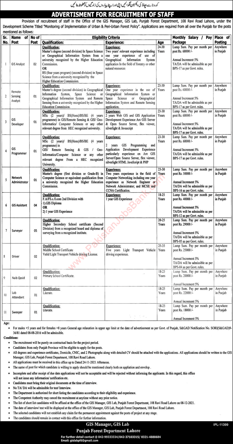 Forest Department Punjab Jobs November 2021 Surveyors, GIS Analysts, Assistants & Others Latest