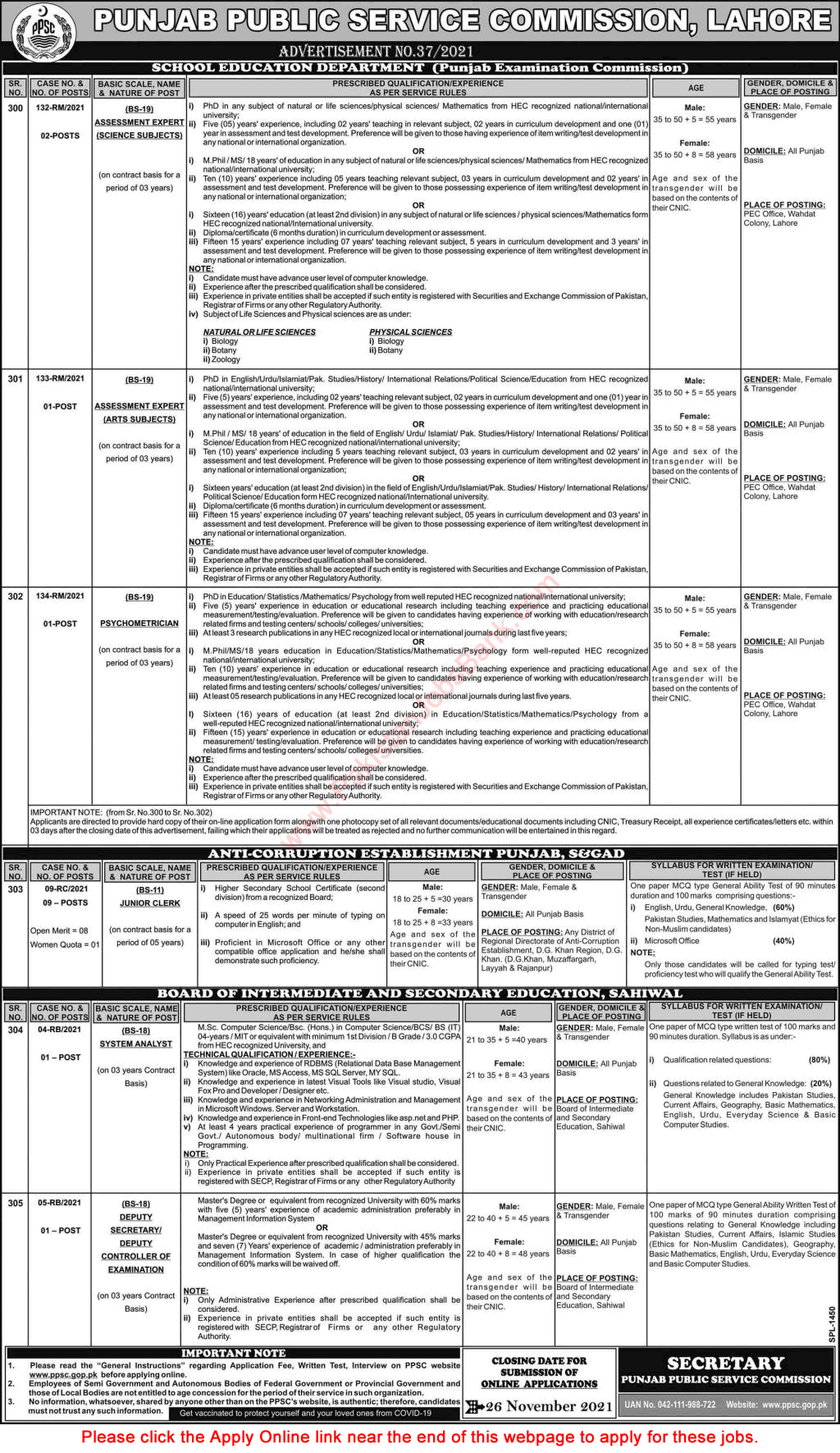 PPSC Jobs November 2021 Online Apply Consolidated Advertisement No 37/2021 Latest