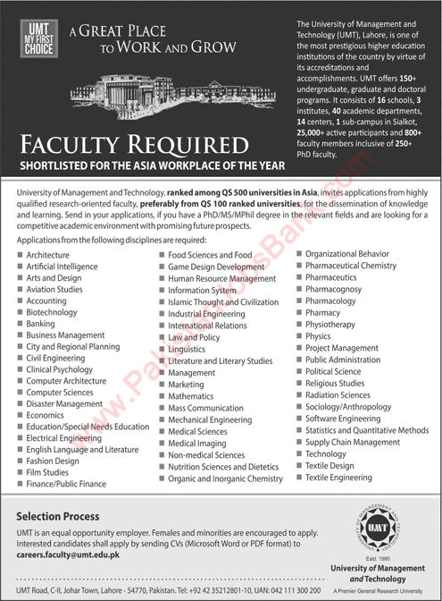 UMT Lahore Jobs November 2021 Teaching Faculty University of Management and Technology Latest