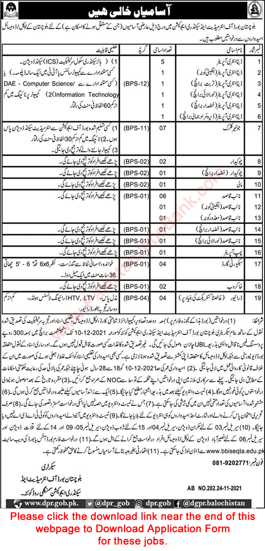 BISE Balochistan Jobs 2021 November Application Form Board of Intermediate and Secondary Education Latest
