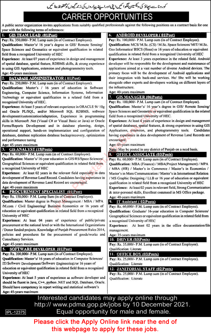 PDMA Jobs December 2021 Apply Online Provincial Disaster Management Authority Latest