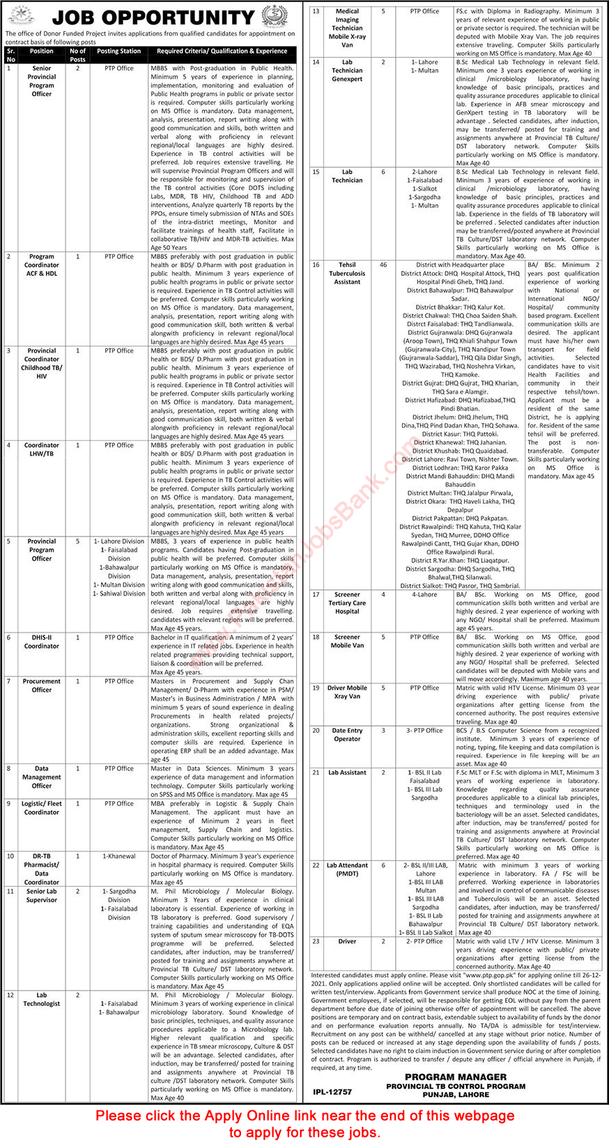 Provincial TB Control Program Punjab Jobs 2021 December Apply Online Tehsil Tuberculosis Assistants & Others Latest