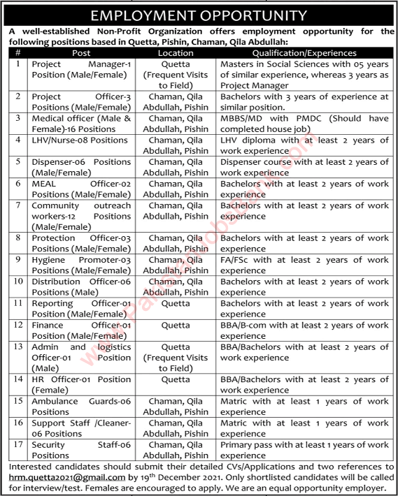 NGO Jobs in Balochistan December 2021 Medical Officers, Nurses & Others Latest