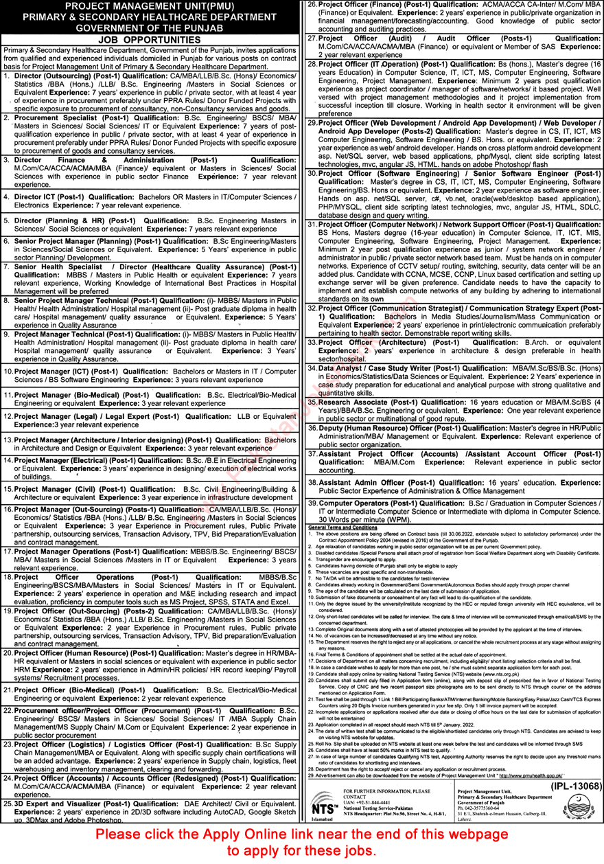Primary and Secondary Healthcare Department Punjab Jobs December 2021 NTS Apply Online Project Management Unit PMU Latest