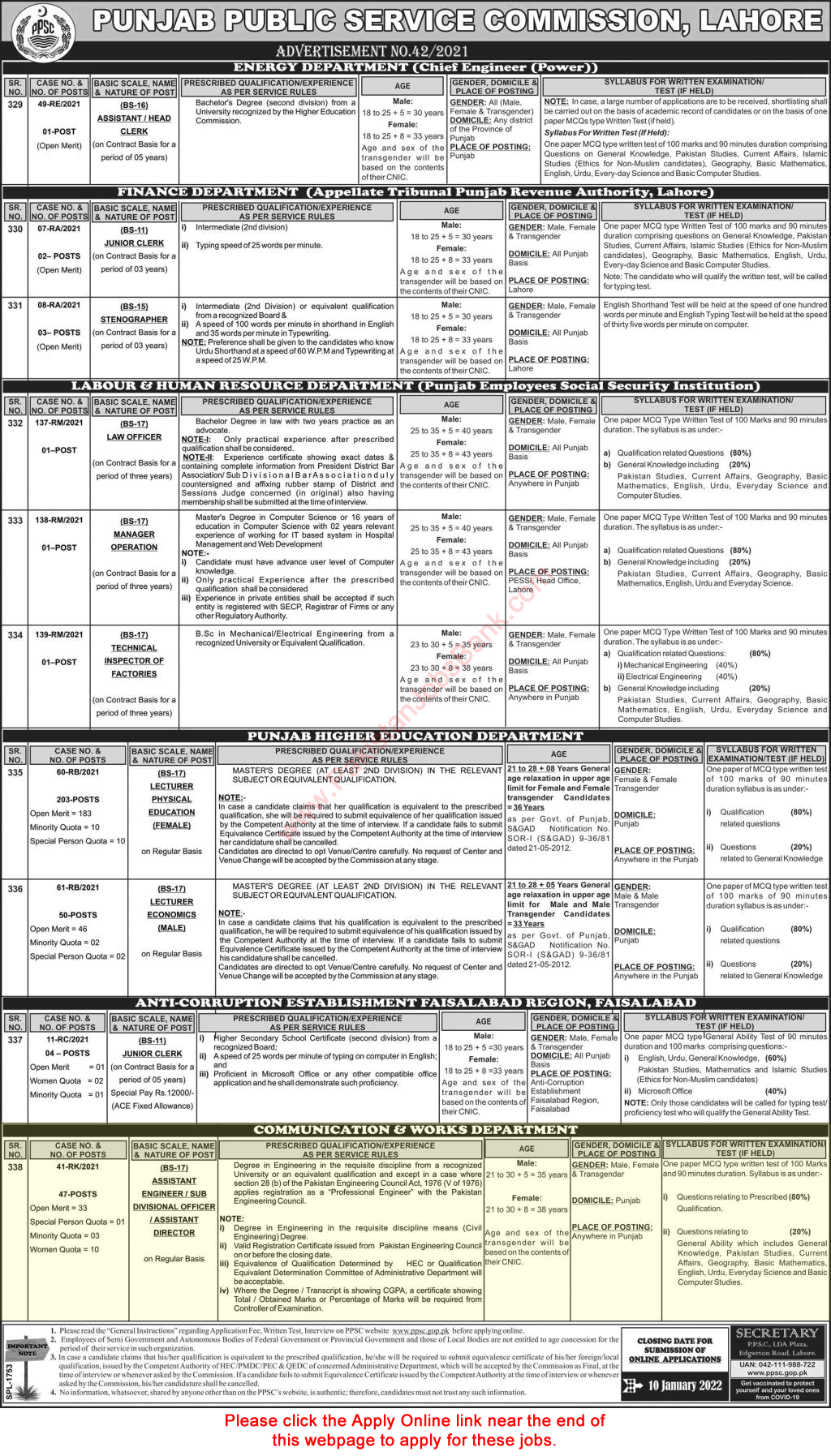 Civil Engineer Jobs in Communication and Works Department Punjab December 2021 / 2022 PPSC Apply Online SDO Latest