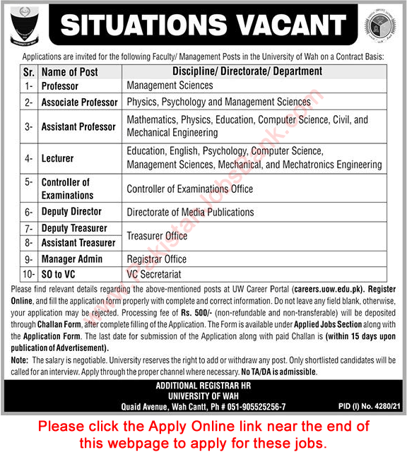University of Wah Jobs December 2021 / 2022 Apply Online Teaching Faculty & Others Latest