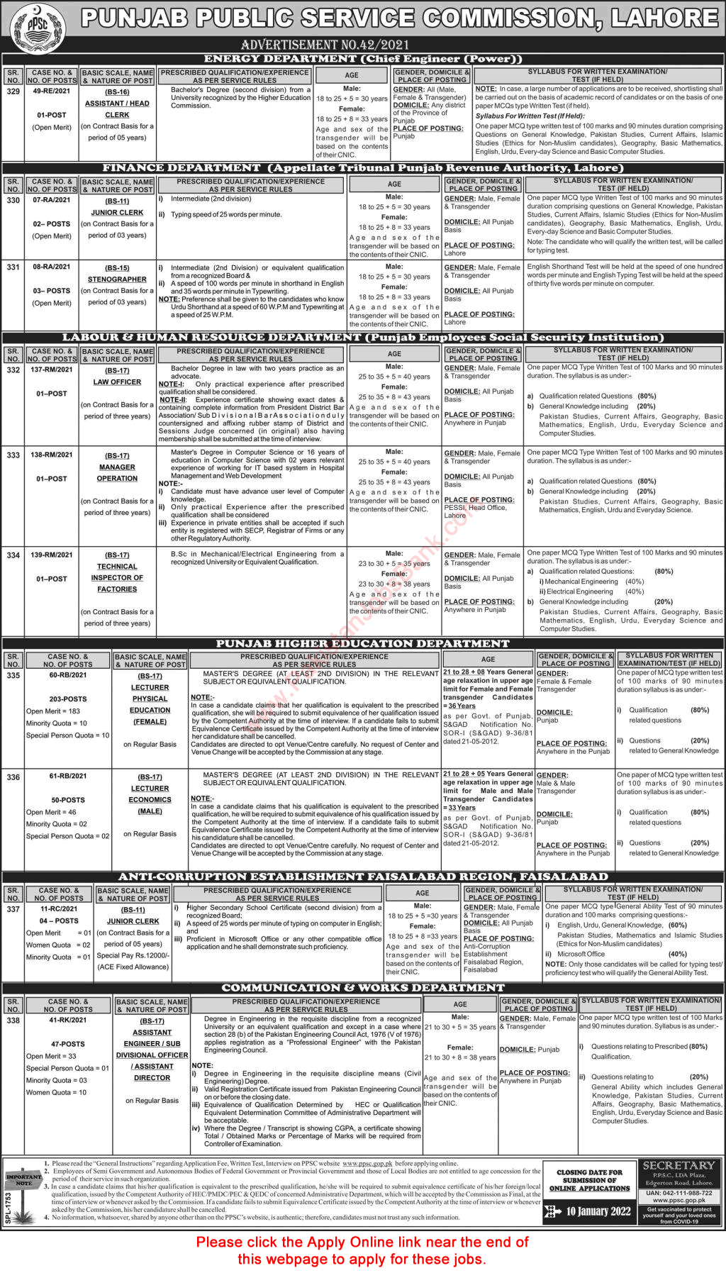 PPSC Jobs December 2021 / 2022 Apply Online Consolidated Advertisement No 42/2021 Latest