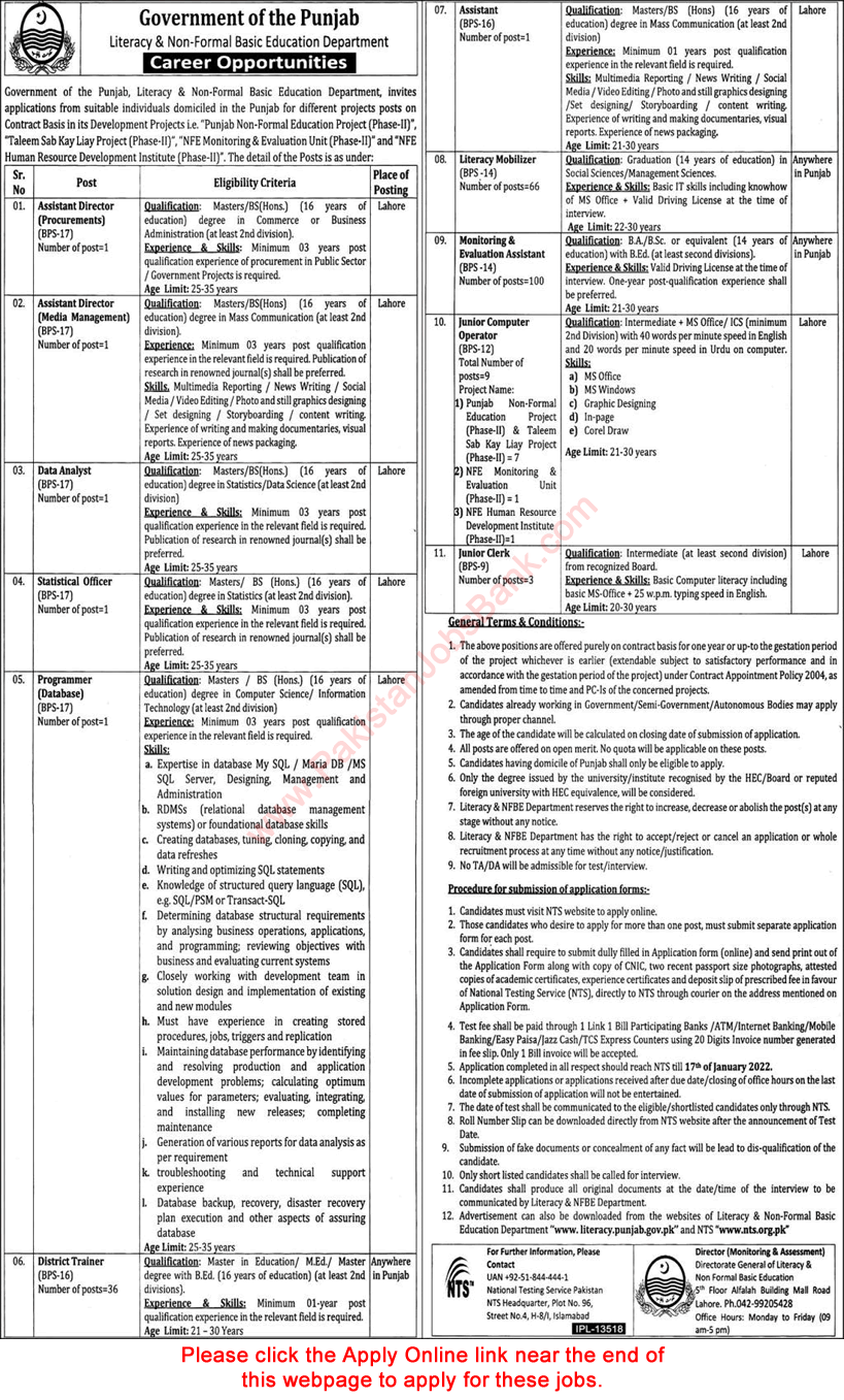 Literacy & Non-Formal Basic Education Department Punjab Jobs 2022 NTS Online Application Form Latest